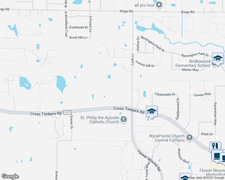 map of restaurants, bars, coffee shops, grocery stores, and more near 5200 Cross Timbers Road in Flower Mound