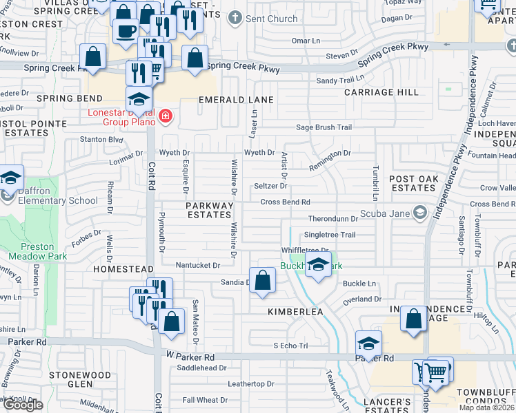 map of restaurants, bars, coffee shops, grocery stores, and more near 3628 Cross Bend Road in Plano