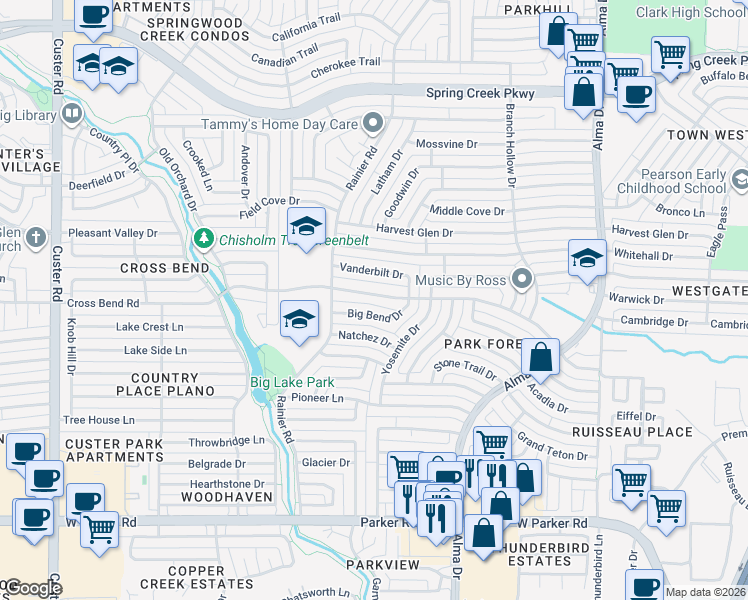 map of restaurants, bars, coffee shops, grocery stores, and more near 1429 Cross Bend Road in Plano