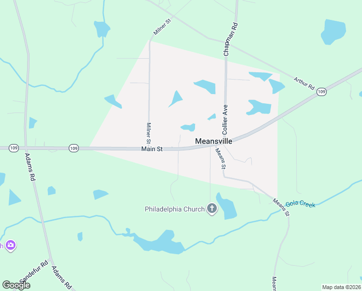 map of restaurants, bars, coffee shops, grocery stores, and more near 12429 Georgia 109 in Meansville