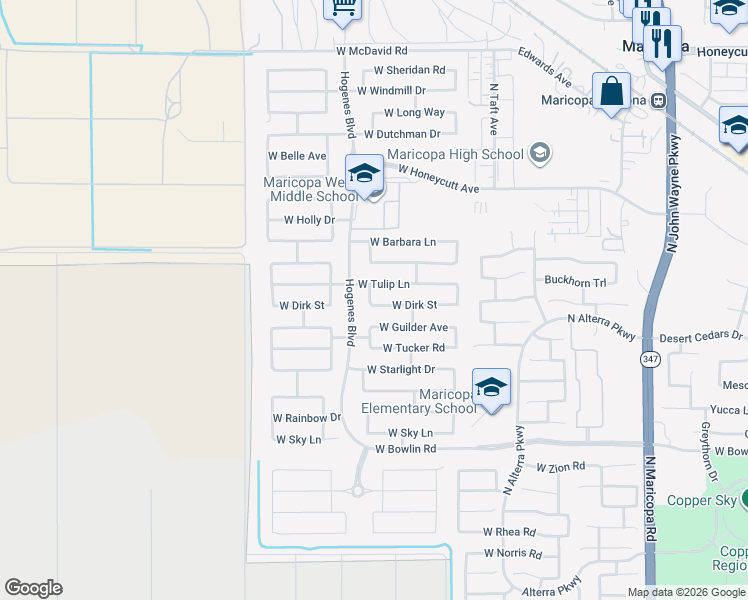 map of restaurants, bars, coffee shops, grocery stores, and more near 45790 Dirk Street in Maricopa