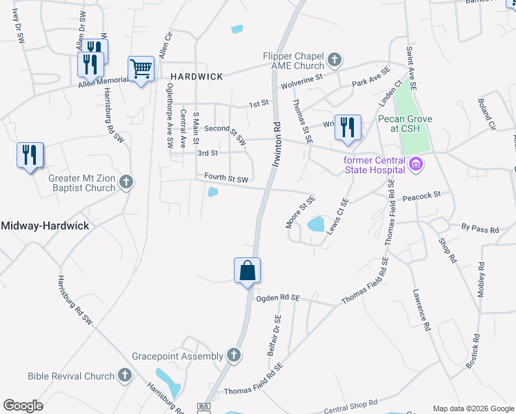 map of restaurants, bars, coffee shops, grocery stores, and more near 2215 Irwinton Road in Milledgeville