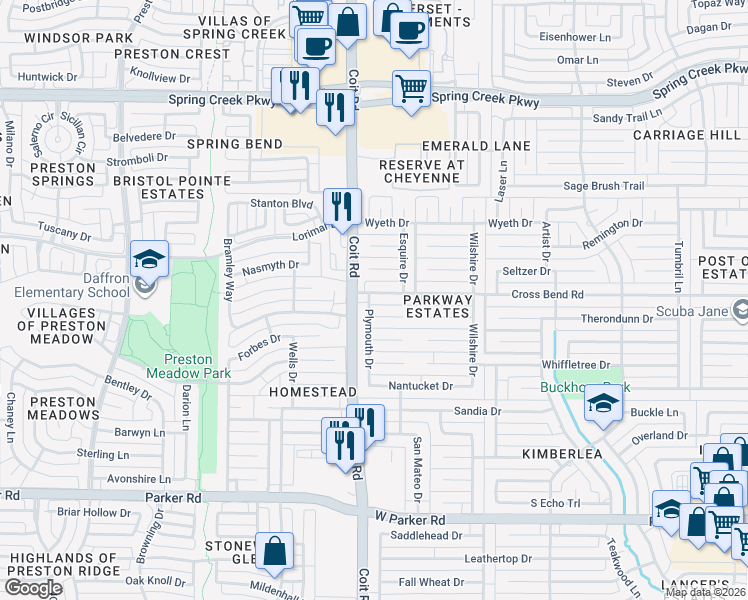 map of restaurants, bars, coffee shops, grocery stores, and more near 3917 Cross Bend Road in Plano