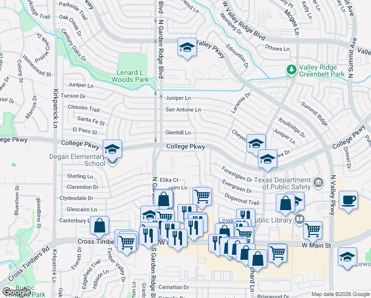 map of restaurants, bars, coffee shops, grocery stores, and more near 1549 College Parkway in Lewisville