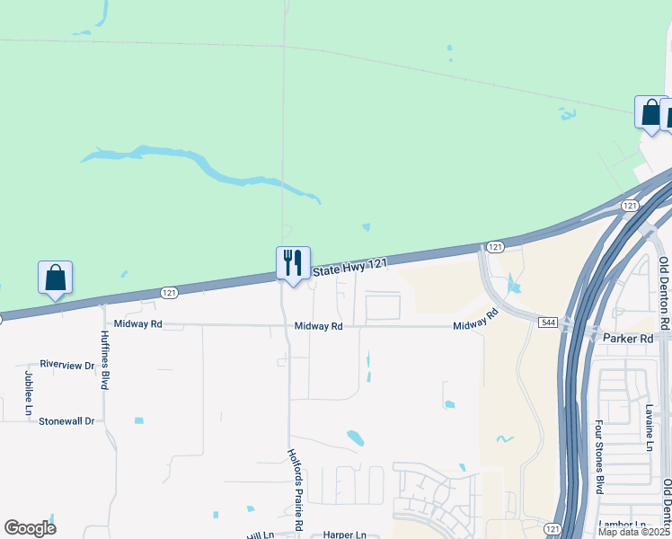 map of restaurants, bars, coffee shops, grocery stores, and more near Highway 121 Business in Lewisville