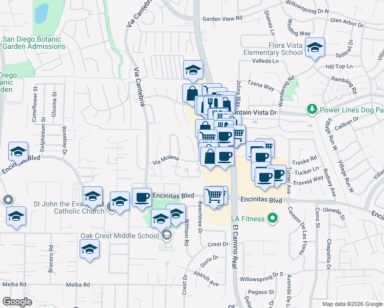 map of restaurants, bars, coffee shops, grocery stores, and more near 241 Via Tavira in Encinitas