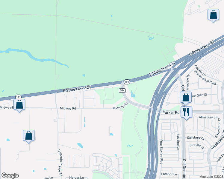 map of restaurants, bars, coffee shops, grocery stores, and more near 2100 East State Highway 121 in Lewisville
