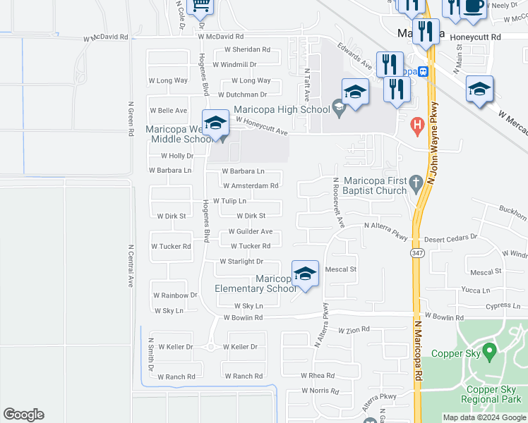 map of restaurants, bars, coffee shops, grocery stores, and more near 45556 Dirk Street in Maricopa