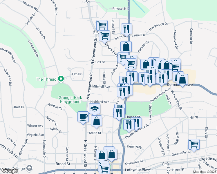 map of restaurants, bars, coffee shops, grocery stores, and more near Mitchell Avenue in LaGrange