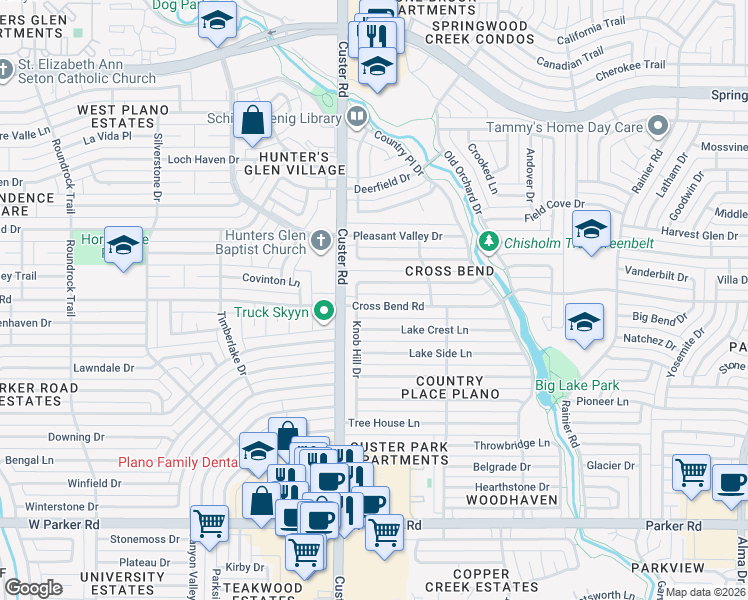 map of restaurants, bars, coffee shops, grocery stores, and more near 2005 Cross Bend Road in Plano