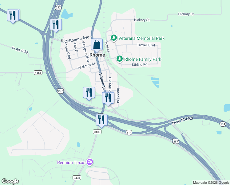 map of restaurants, bars, coffee shops, grocery stores, and more near 495 Old Mill Road in Rhome