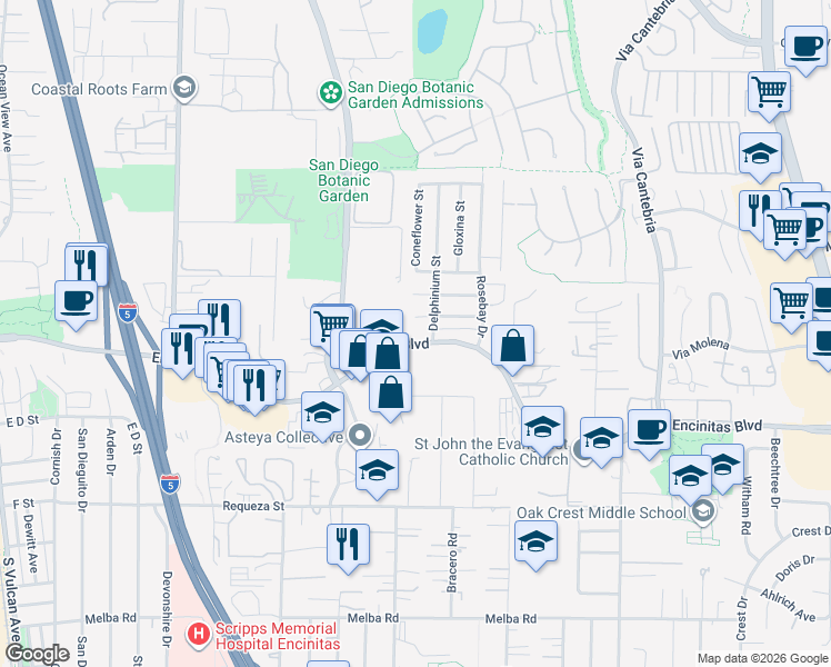 map of restaurants, bars, coffee shops, grocery stores, and more near 820 Encinitas Boulevard in Encinitas