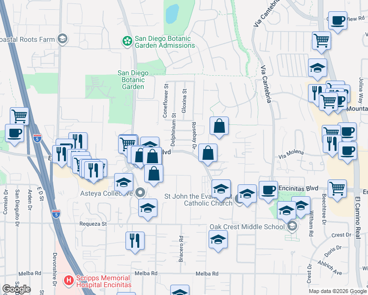 map of restaurants, bars, coffee shops, grocery stores, and more near 800 Encinitas Boulevard in Encinitas