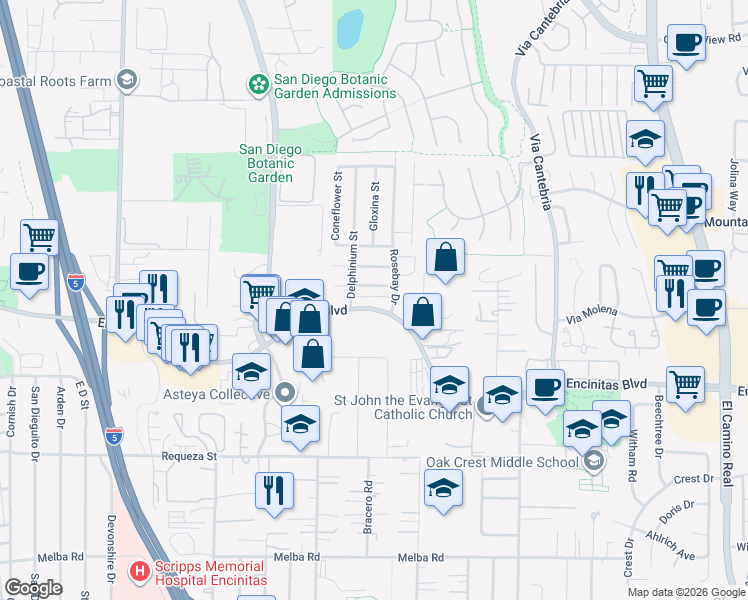 map of restaurants, bars, coffee shops, grocery stores, and more near 751 Teaberry Street in Encinitas