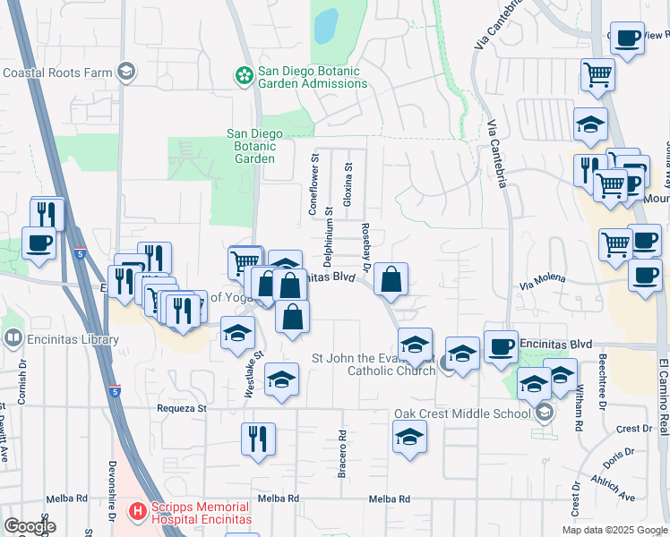 map of restaurants, bars, coffee shops, grocery stores, and more near 760 Encinitas Boulevard in Encinitas