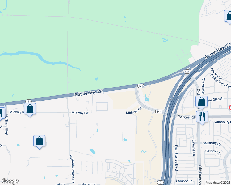 map of restaurants, bars, coffee shops, grocery stores, and more near Highway 121 Business in Lewisville