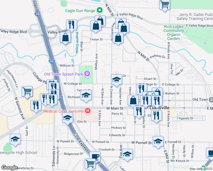map of restaurants, bars, coffee shops, grocery stores, and more near 411 West College Street in Lewisville