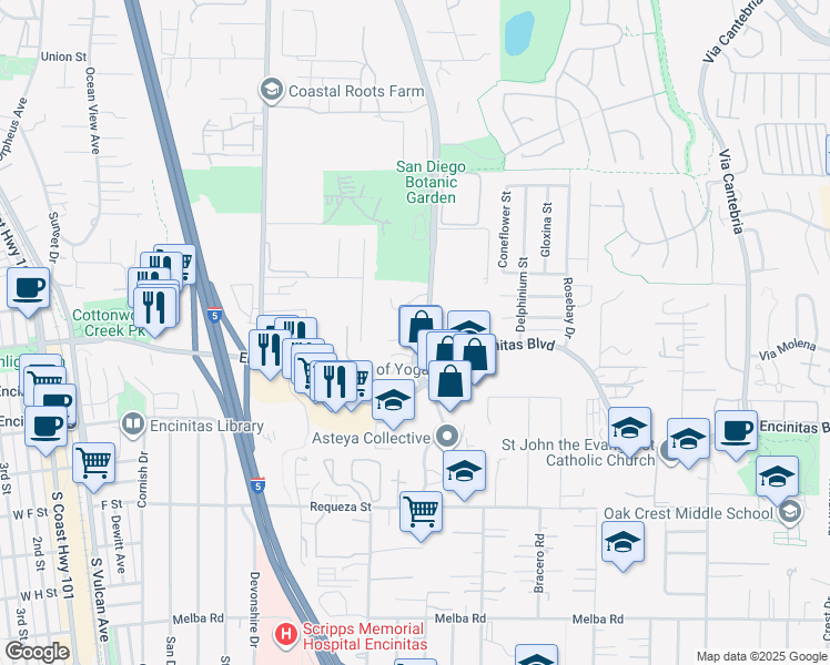 map of restaurants, bars, coffee shops, grocery stores, and more near 548 Quail Pointe Lane in Encinitas