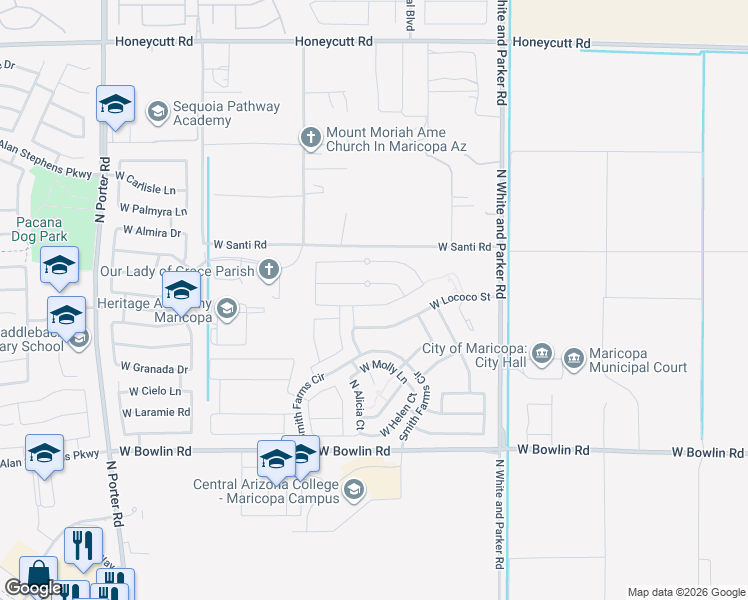 map of restaurants, bars, coffee shops, grocery stores, and more near 40408 West Art Place in Maricopa