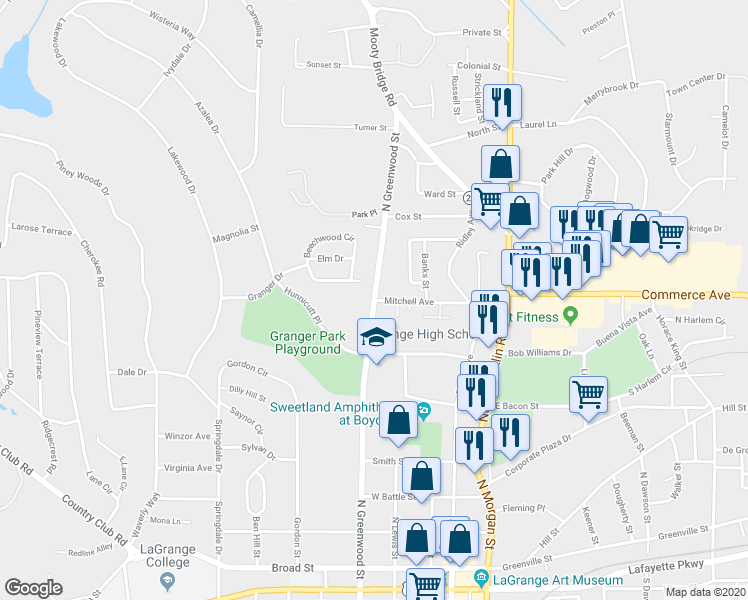 map of restaurants, bars, coffee shops, grocery stores, and more near 105 Beechwood Circle in LaGrange