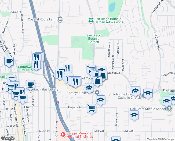 map of restaurants, bars, coffee shops, grocery stores, and more near 536 Quail Pointe Lane in Encinitas