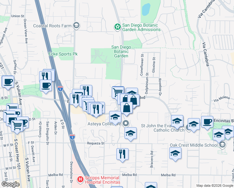 map of restaurants, bars, coffee shops, grocery stores, and more near 185 Quail Gardens Drive in Encinitas
