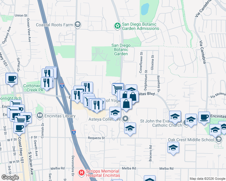 map of restaurants, bars, coffee shops, grocery stores, and more near 536 Quail Pointe Lane in Encinitas