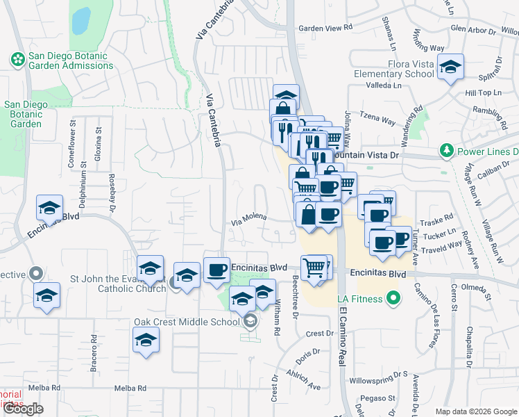 map of restaurants, bars, coffee shops, grocery stores, and more near 213 Via Palacio in Encinitas