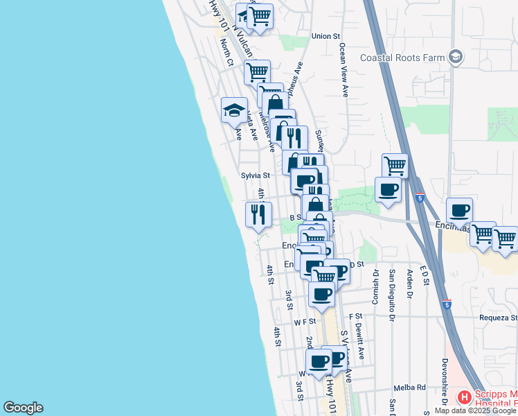 map of restaurants, bars, coffee shops, grocery stores, and more near 222 4th Street in Encinitas