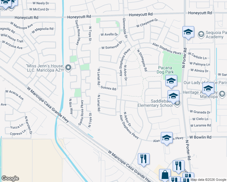 map of restaurants, bars, coffee shops, grocery stores, and more near 18699 North Ventana Lane in Maricopa