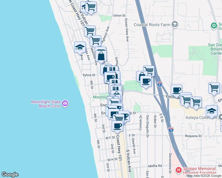 map of restaurants, bars, coffee shops, grocery stores, and more near 90 North Coast Highway 101 in Encinitas