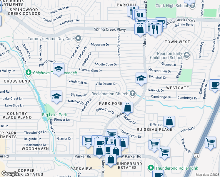 map of restaurants, bars, coffee shops, grocery stores, and more near 1200 Villa Downs Drive in Plano