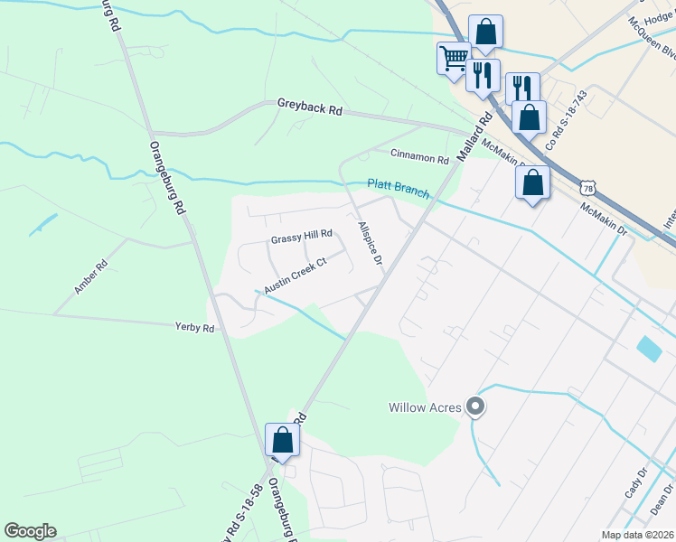 map of restaurants, bars, coffee shops, grocery stores, and more near 302 Duck Pond Lane in Summerville