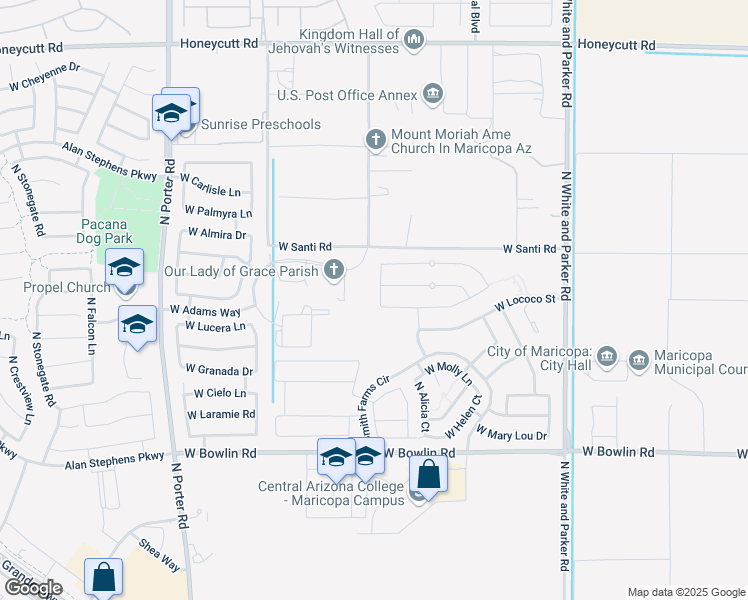 map of restaurants, bars, coffee shops, grocery stores, and more near 18669 North Tabacon Court in Maricopa