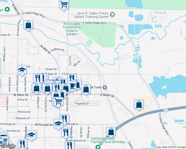map of restaurants, bars, coffee shops, grocery stores, and more near 540 East College Street in Lewisville