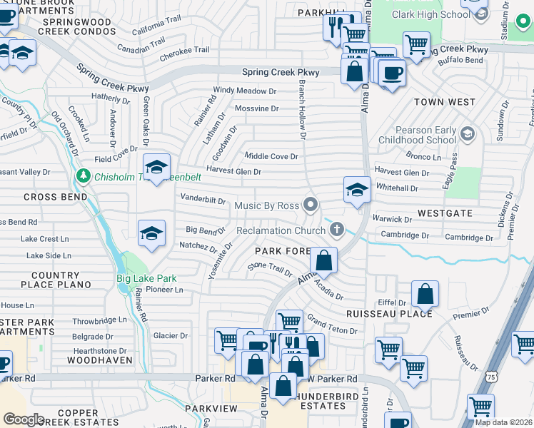 map of restaurants, bars, coffee shops, grocery stores, and more near 1200 Villa Downs Drive in Plano