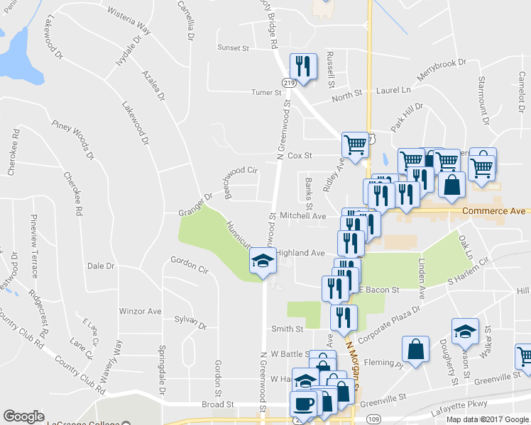 map of restaurants, bars, coffee shops, grocery stores, and more near 619 North Greenwood Street in LaGrange