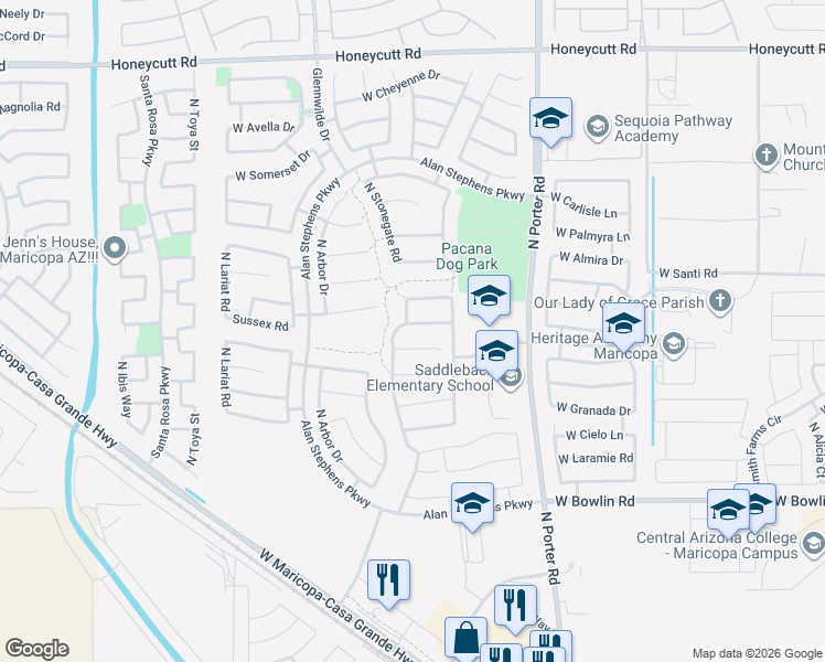 map of restaurants, bars, coffee shops, grocery stores, and more near 41949 West Sussex Drive in Maricopa