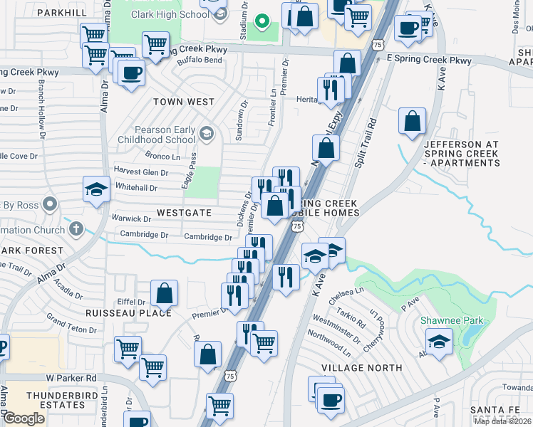 map of restaurants, bars, coffee shops, grocery stores, and more near 3941 North Central Expressway in Plano