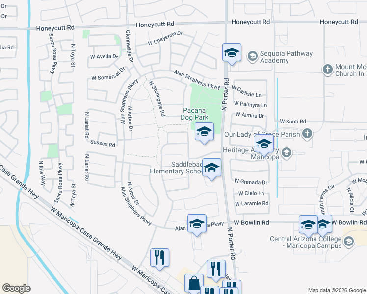 map of restaurants, bars, coffee shops, grocery stores, and more near 41818 West Sussex Drive in Maricopa