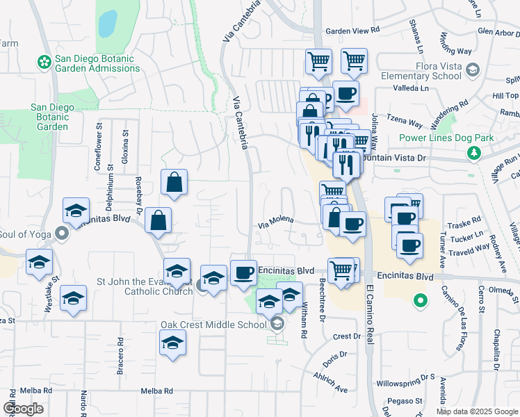 map of restaurants, bars, coffee shops, grocery stores, and more near 242 Via Villena in Encinitas