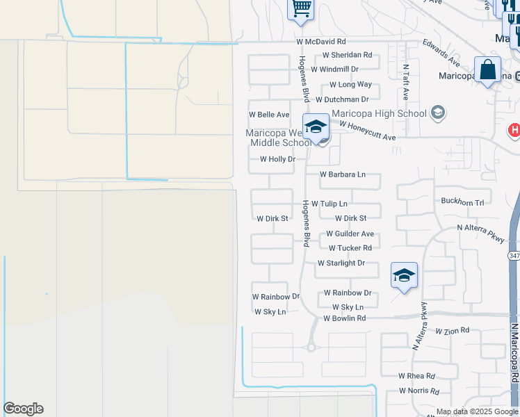 map of restaurants, bars, coffee shops, grocery stores, and more near 46141 Tulip Lane in Maricopa