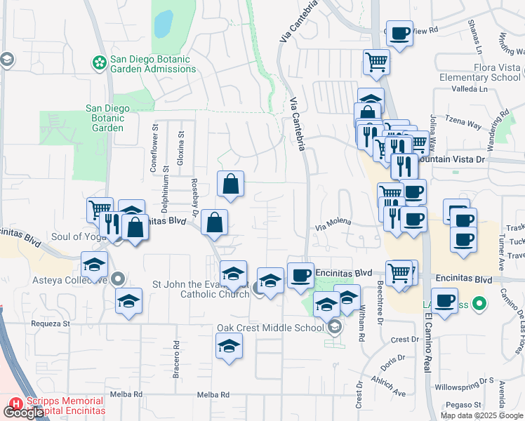 map of restaurants, bars, coffee shops, grocery stores, and more near 340 Seeman Drive in Encinitas