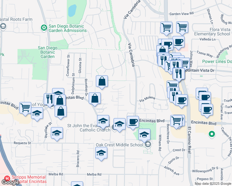 map of restaurants, bars, coffee shops, grocery stores, and more near 340 Seeman Drive in Encinitas