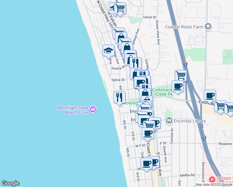 map of restaurants, bars, coffee shops, grocery stores, and more near 507 A Street in Encinitas