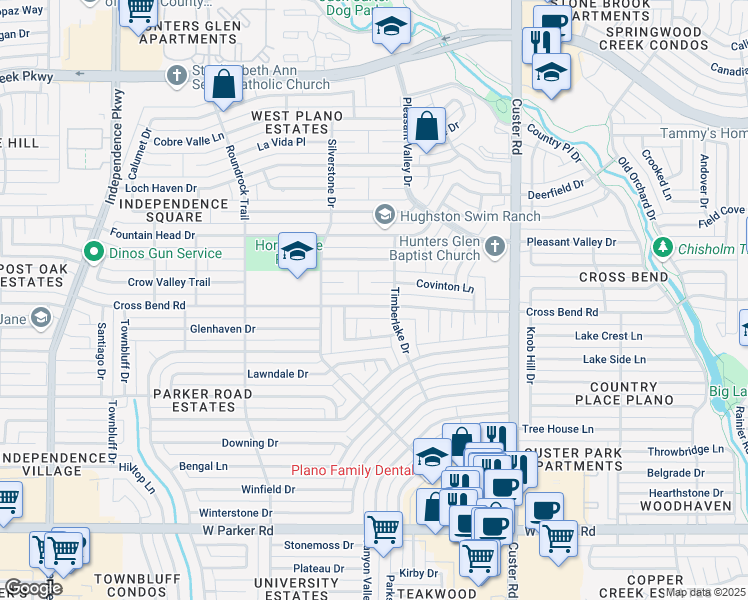 map of restaurants, bars, coffee shops, grocery stores, and more near 2309 Cross Bend Road in Plano