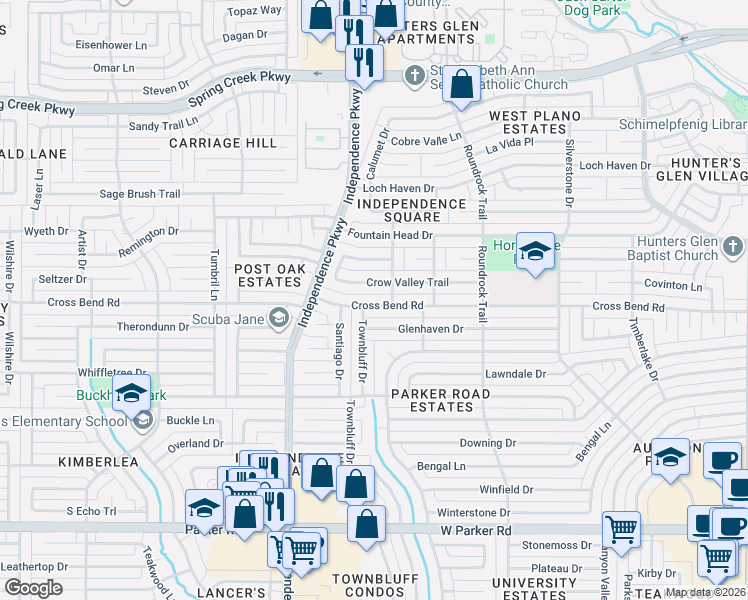 map of restaurants, bars, coffee shops, grocery stores, and more near 3003 Cross Bend Road in Plano