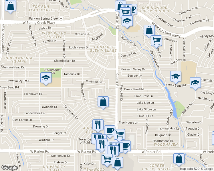 map of restaurants, bars, coffee shops, grocery stores, and more near 3908 Covinton Lane in Plano