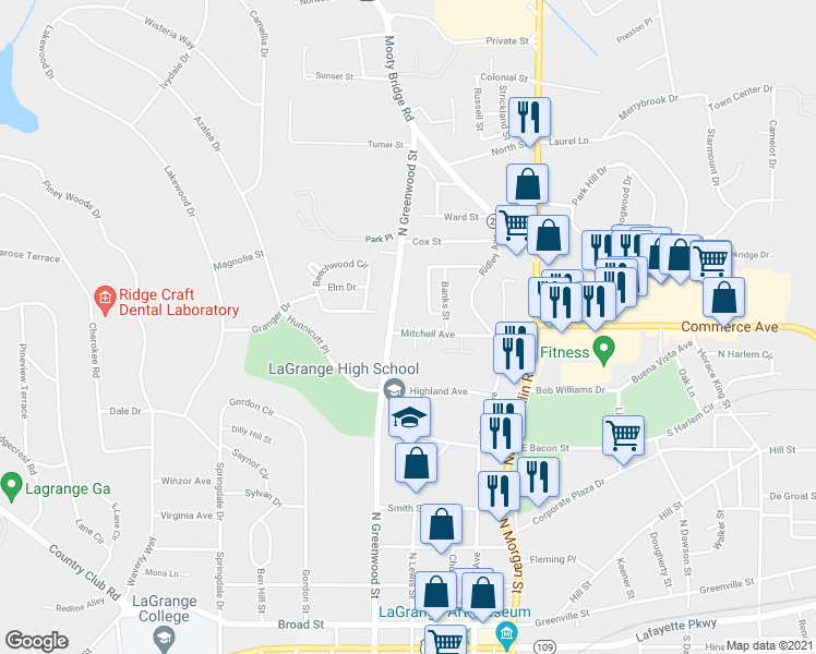 map of restaurants, bars, coffee shops, grocery stores, and more near 144 Mitchell Avenue in LaGrange