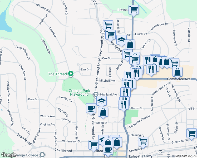 map of restaurants, bars, coffee shops, grocery stores, and more near 150 Mitchell Avenue in LaGrange